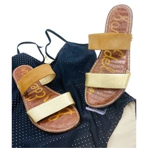 Sam Edelman Gala Leather Suede Slide Sandals Gold Tan 2 Strap Womens Size 10